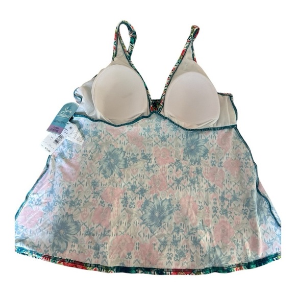 Swim Solutions Tropical Orange Blue Green Printed Bow Tummy-Control Tankini Top - Picture 5 of 8